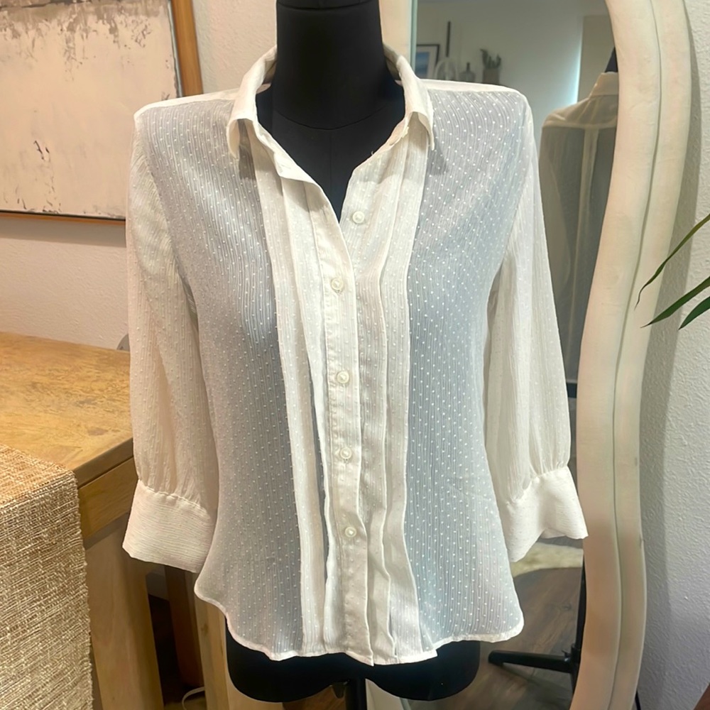 White sheer button down blouse with polka dot detail